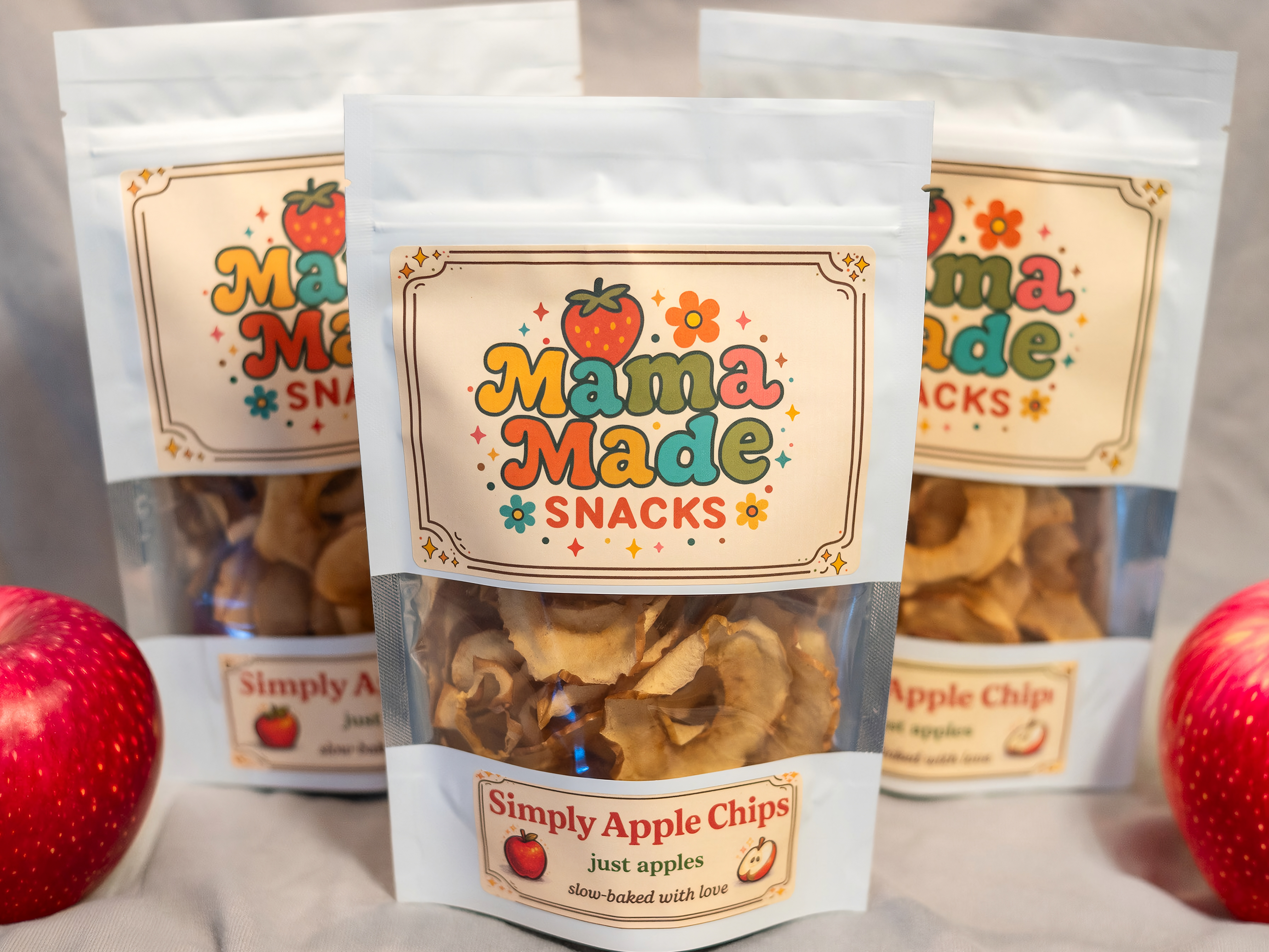 Packaged simply apple chips with red apples